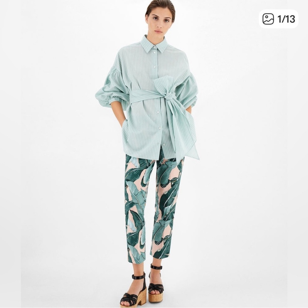 Max Mara Weekend Cropped Pants Leaf Print Cotton Green Resort Vacation Size 8